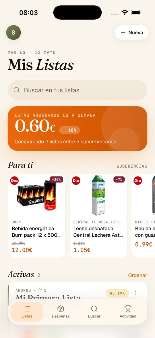 Pantalla «Mis Listas» con el ahorro de la semana y las listas de la compra activas
