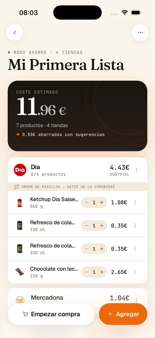 Lista de la compra en modo ahorro repartida entre cuatro supermercados, con el coste estimado de cada tienda