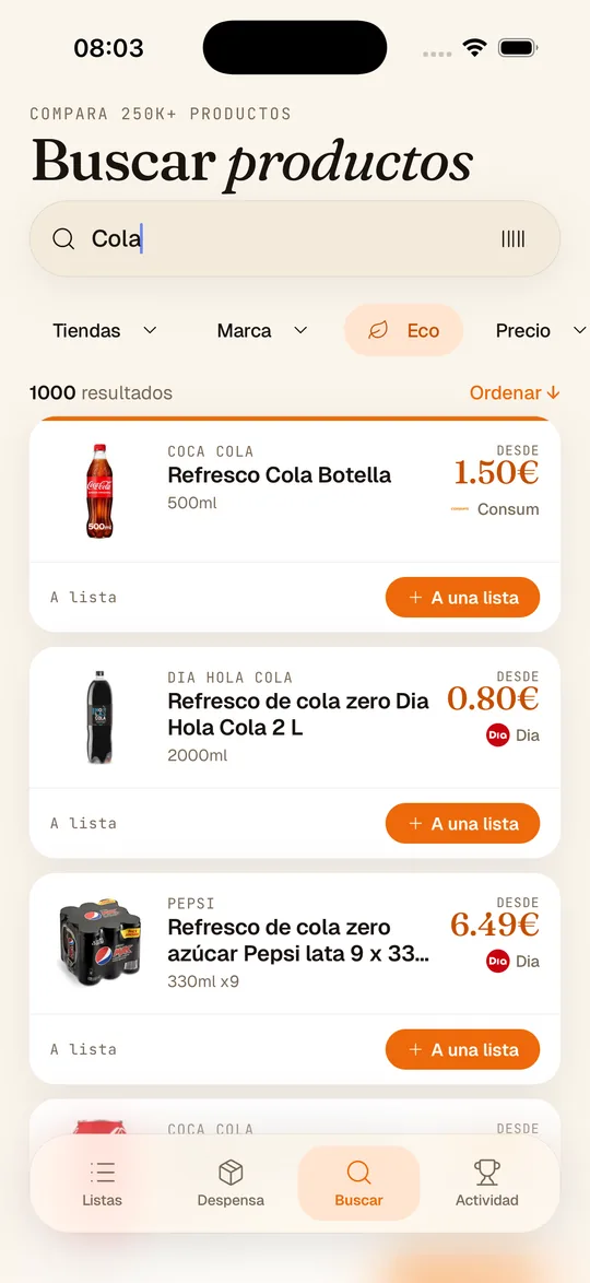 Buscador de productos comparando el precio del mismo artículo en distintos supermercados